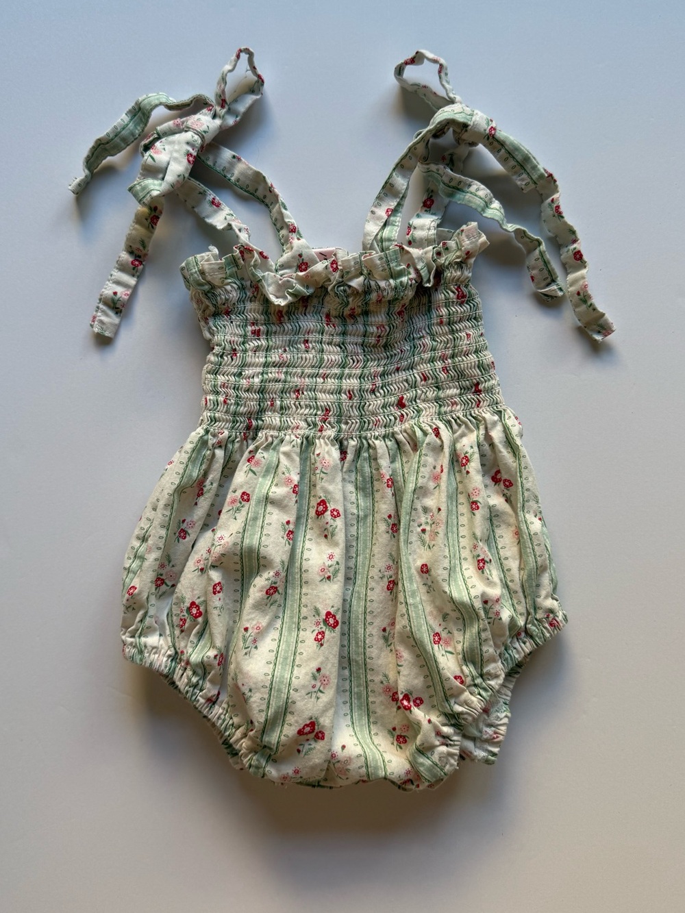 Smocked Floral Baby Romper in Mint Green with Red Floral Accents